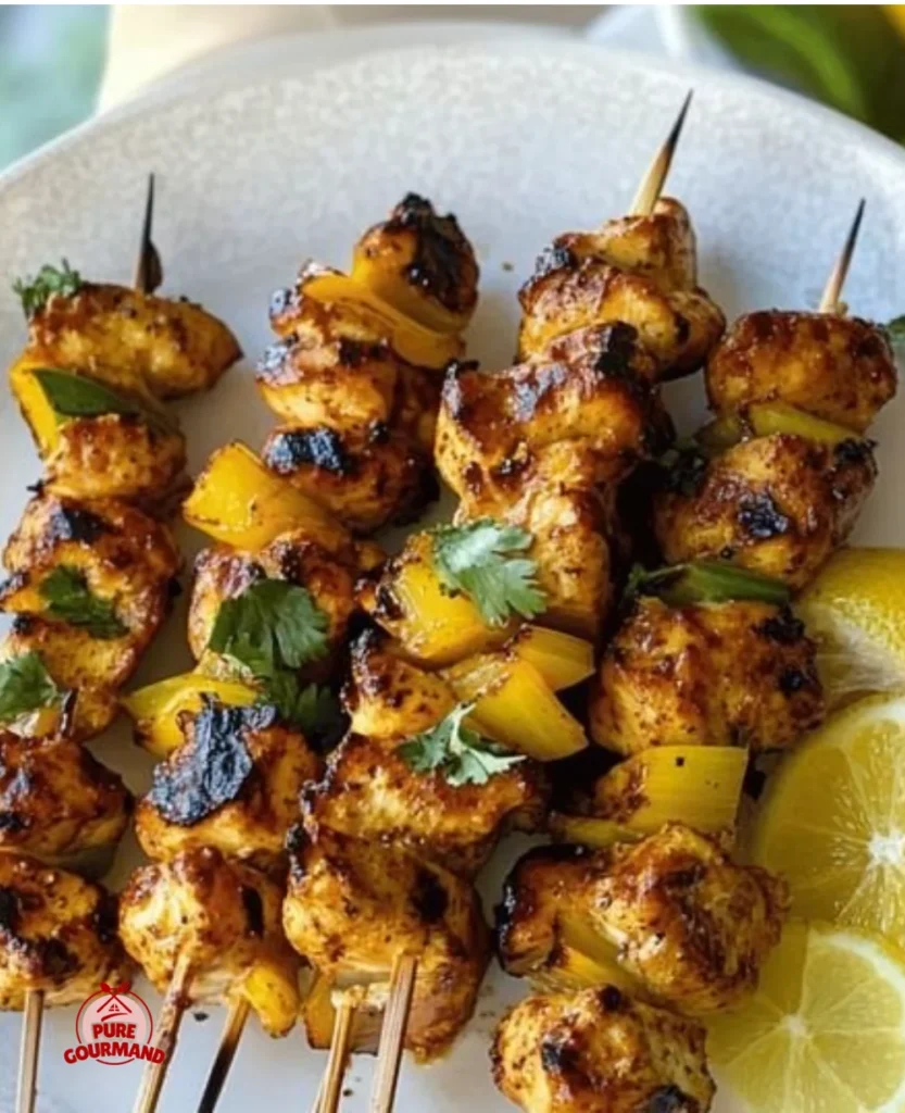Grilled Chicken Kabobs served with fresh vegetables and herbs