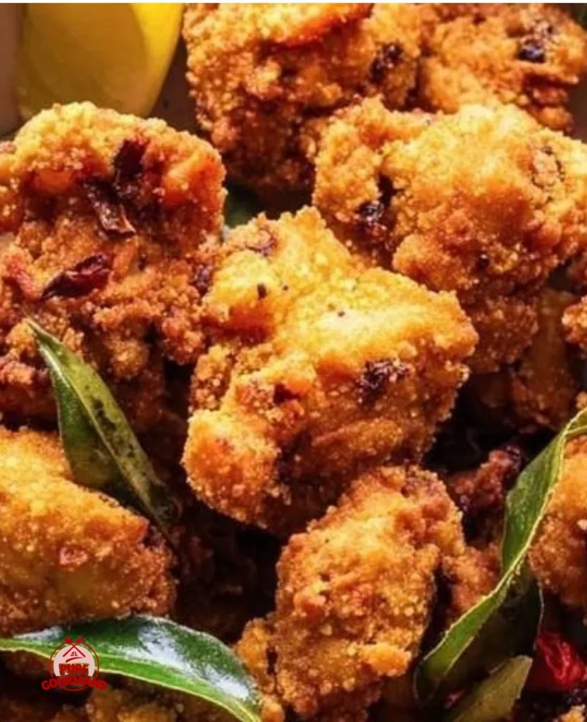Crispy Chicken Pakoda served with spicy chutney on a plate