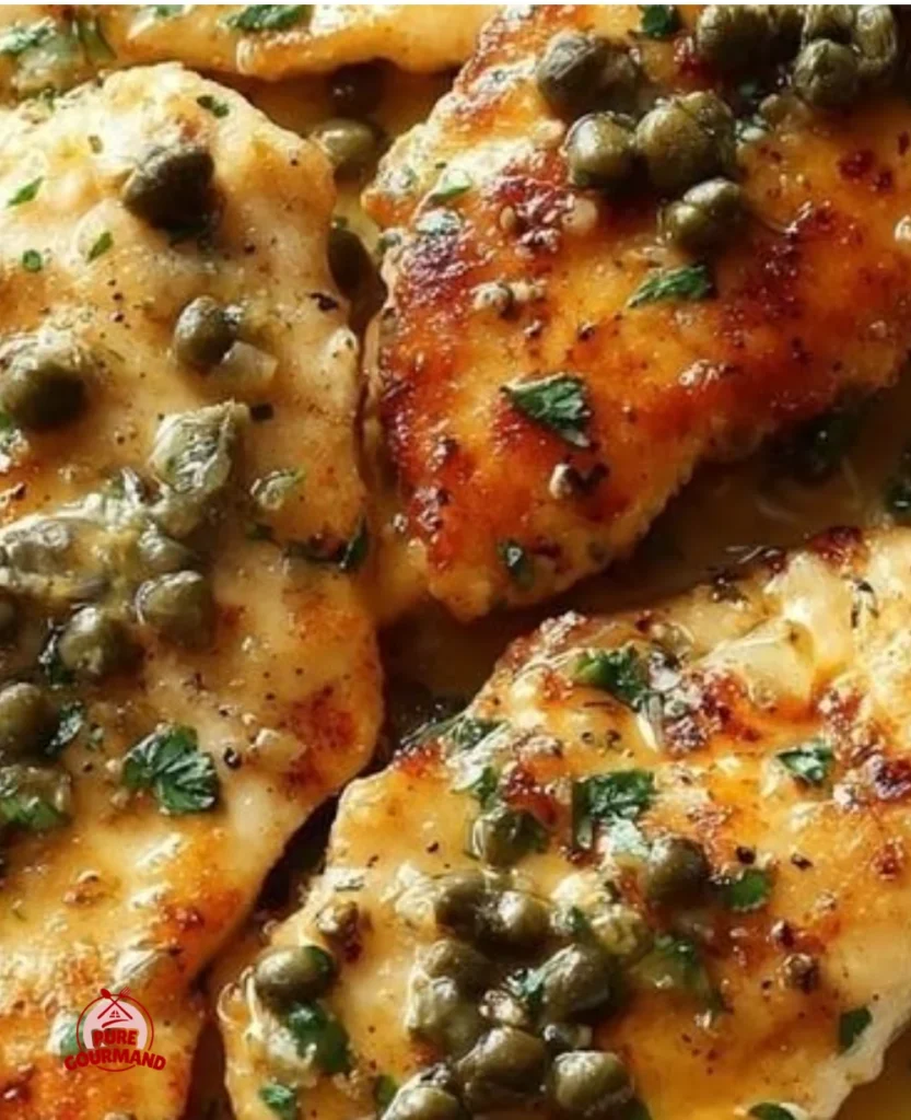 Plate of Chicken Scallopini with creamy sauce and herbs