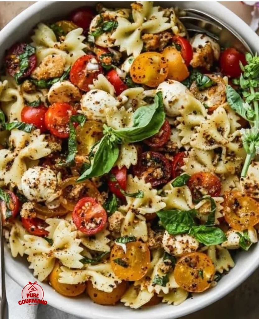 Chilled Bruschetta Pasta Salad with tomatoes, basil, and pasta in a bowl.
