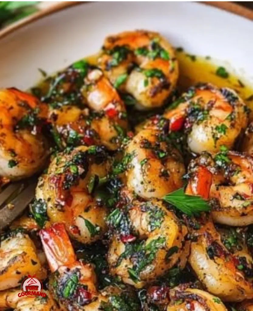 Delicious chimichurri shrimp garnished with herbs and spices