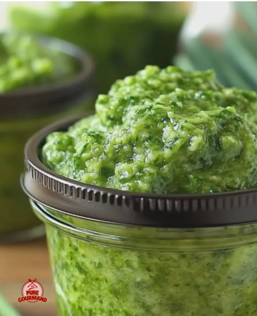 Freshly made chive pesto in a bowl with chives and garlic around it.