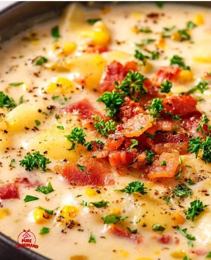 A bowl of creamy chowder garnished with herbs and served with crusty bread