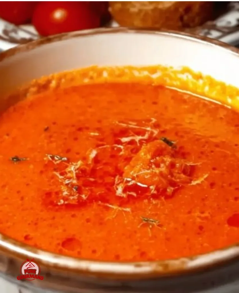 Bowl of classic homemade tomato soup garnished with fresh basil