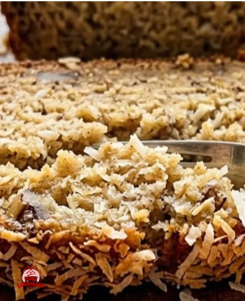 Delicious homemade Coconut Banana Bread loaf with a golden crust and coconut flakes.
