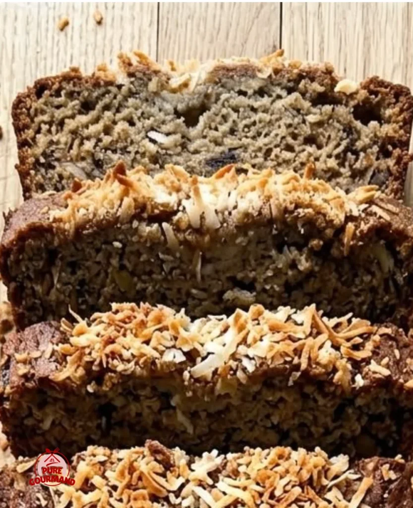 Delicious slice of coconut banana bread with coconut flakes on top