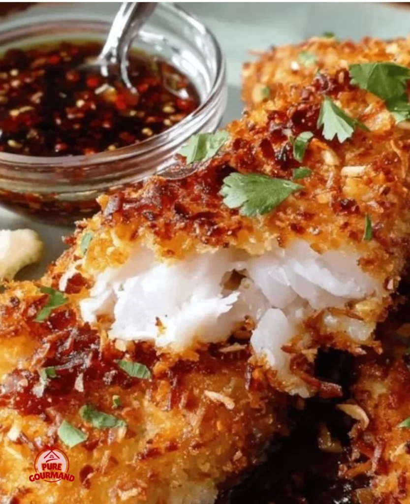 Delicious Coconut Crusted Fish garnished with fresh herbs