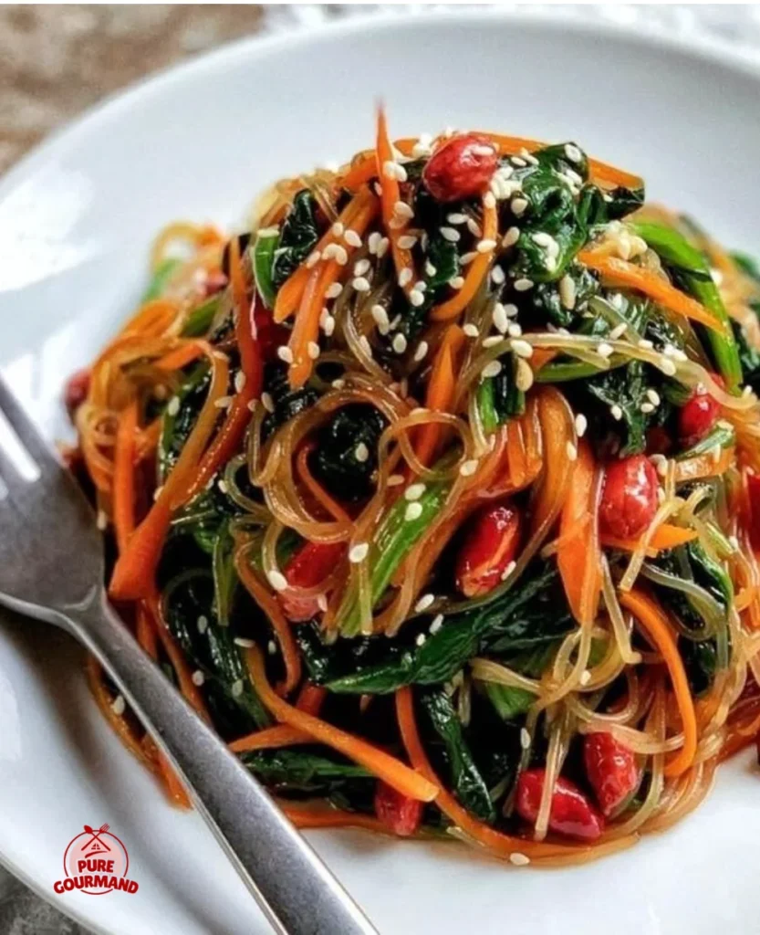Cold spinach and glass noodle salad with fresh vegetables and dressing