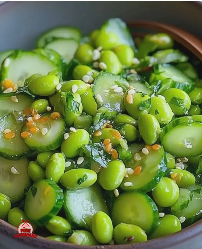 A refreshing cucumber edamame salad featuring bright vegetables and a light dressing.