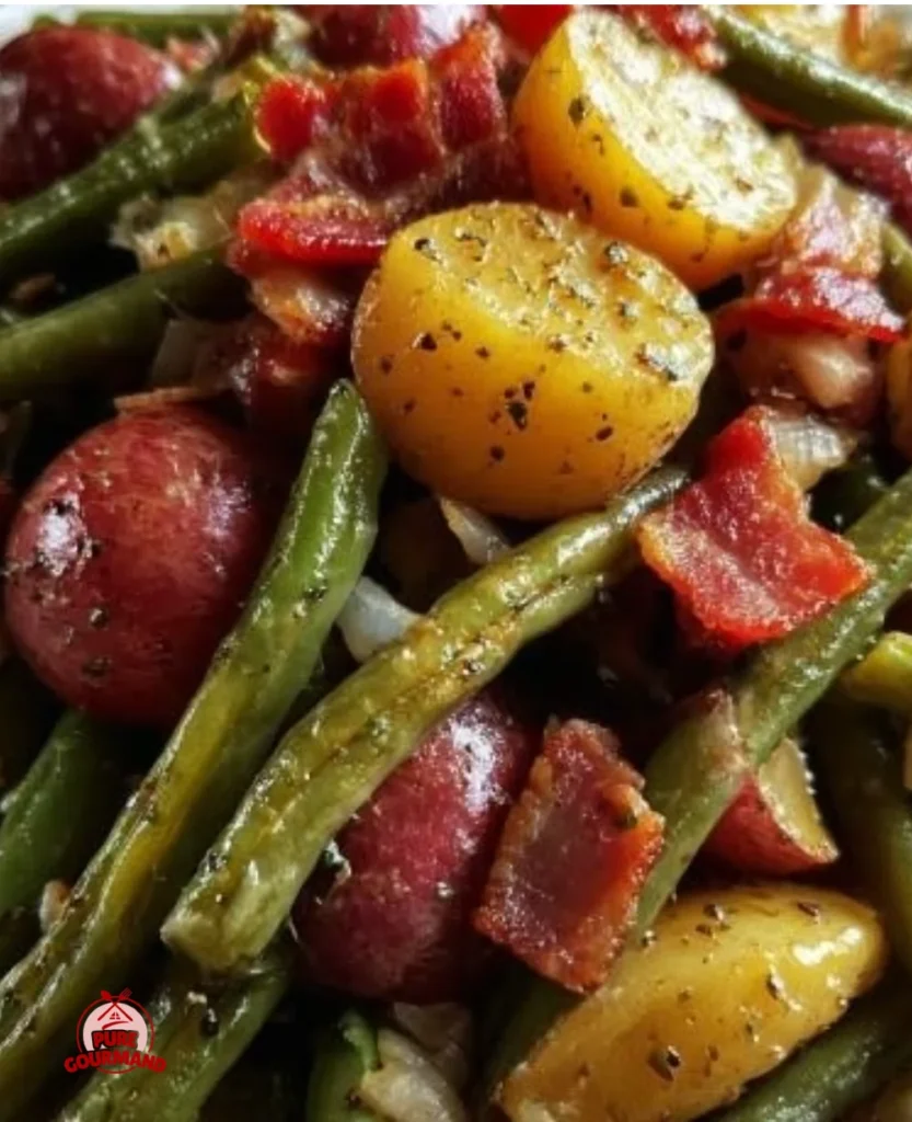 Country Ranch green beans and potatoes with bacon in a rustic bowl