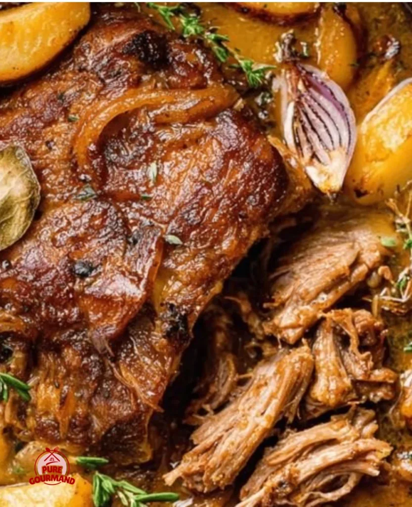 Cozy apple cider braised pork shoulder served with herbs and spices