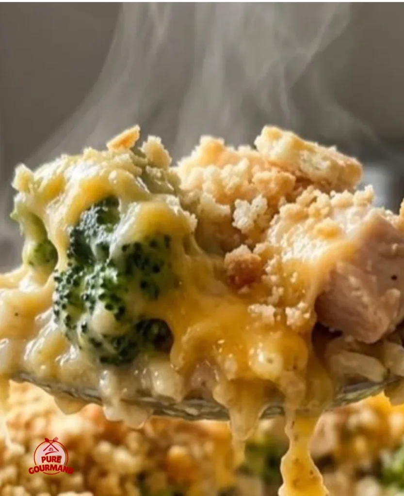 Cozy cheesy chicken casserole with broccoli and crunchy Ritz cracker topping