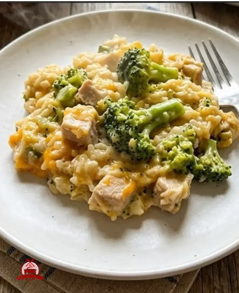 Cozy cheesy chicken broccoli rice casserole topped with Ritz crackers