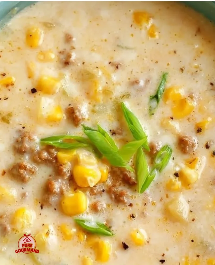 Bowl of cozy homemade sausage corn chowder garnished with fresh herbs