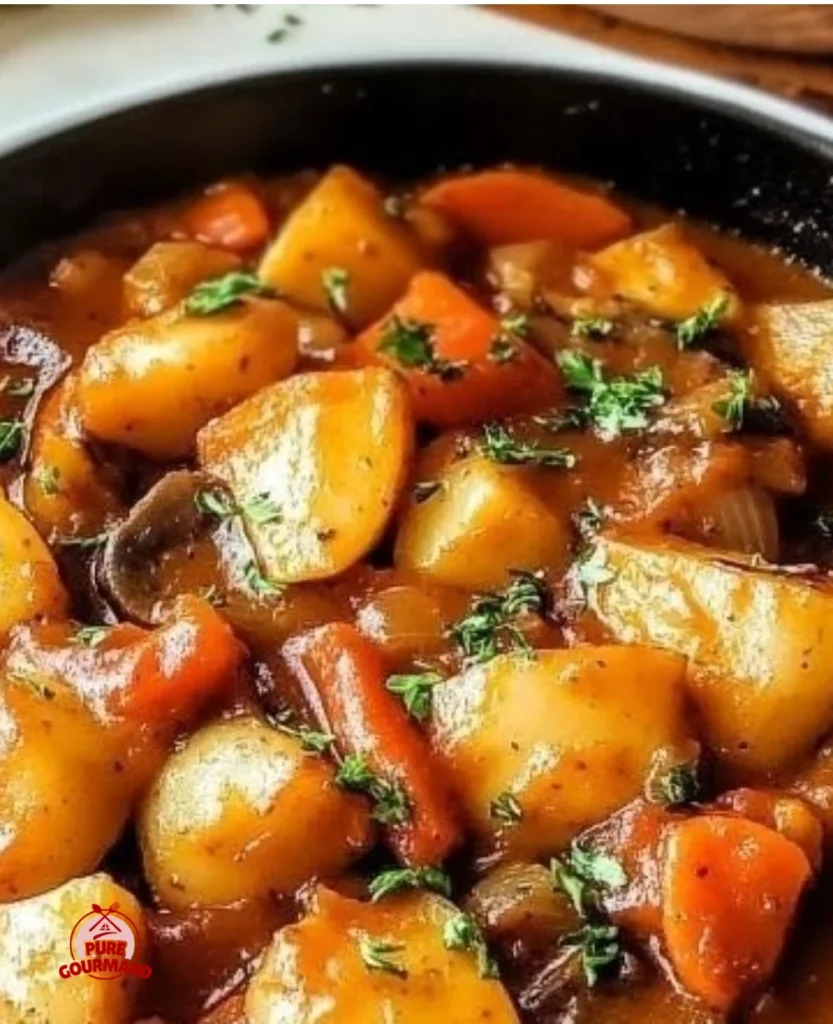 A bowl of cozy Irish Veggie Stew with fresh vegetables and herbs.