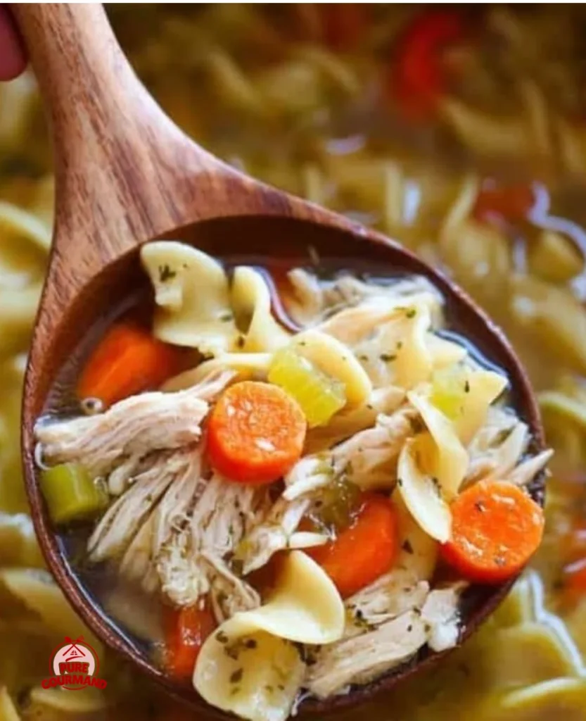 Bowl of healthy chicken noodle soup with fresh vegetables and herbs