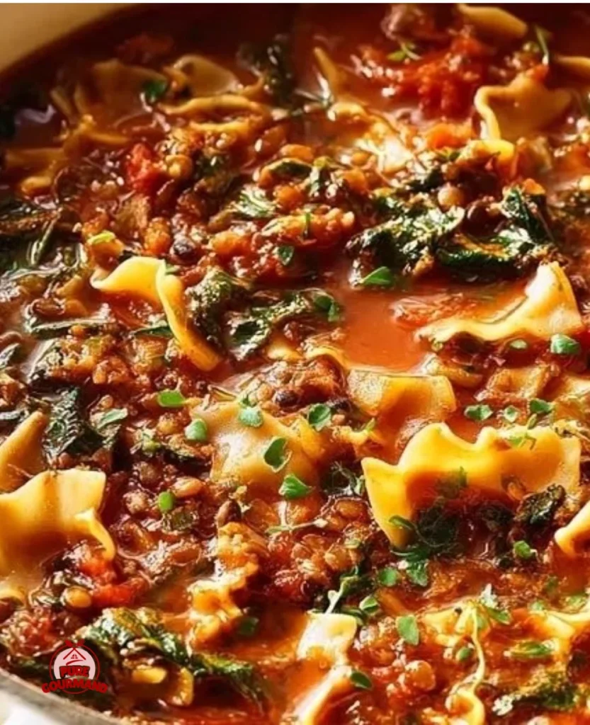 Bowl of cozy plant-based lentil lasagna soup, garnished with fresh herbs.