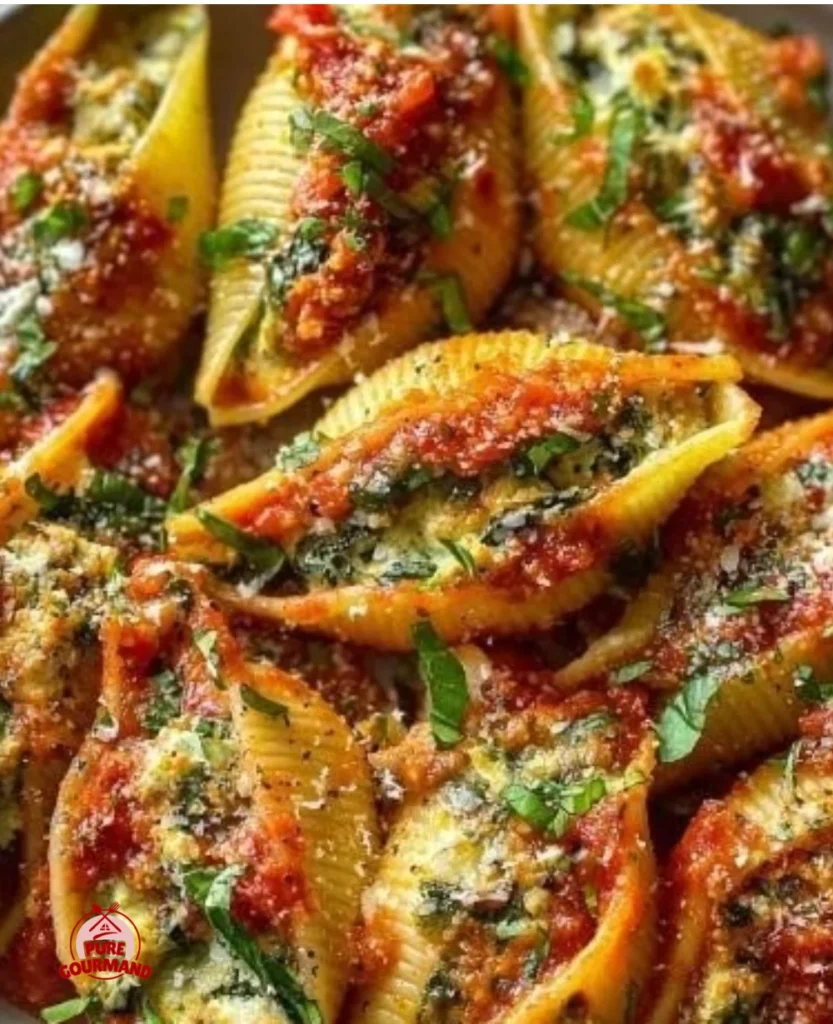 Colorful vegan stuffed pasta shells arranged on a plate with fresh herbs.