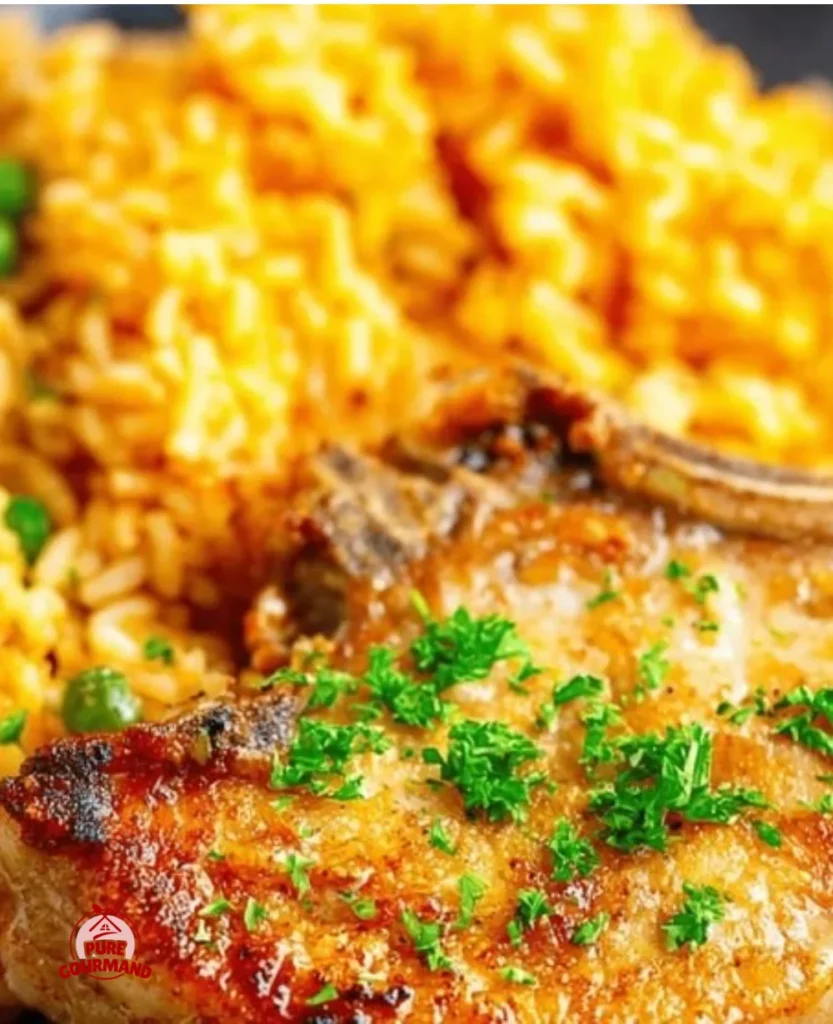 Easy baked pork chops with rice on a cozy dinner table