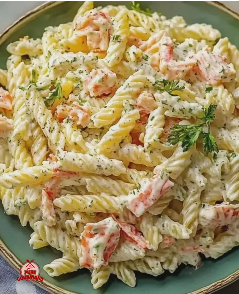 Delicious crab pasta salad dressed with ranch dressing served in a bowl.