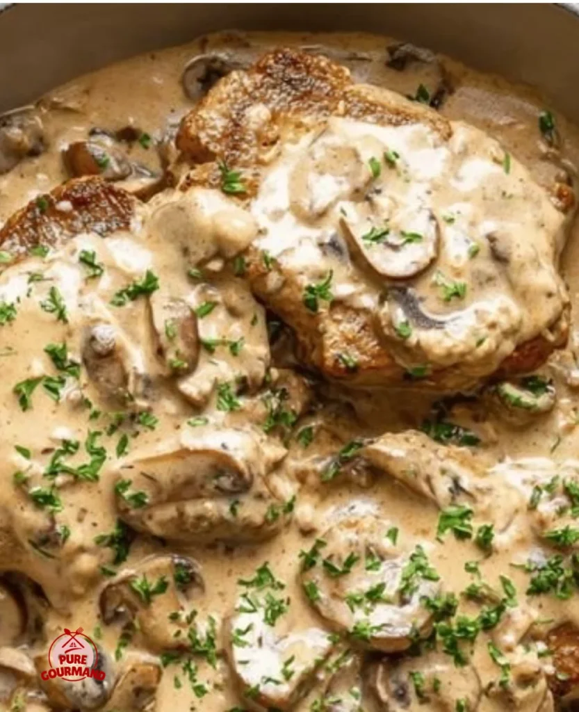 Creamy mushroom pork chops cooked to perfection, garnished with herbs.