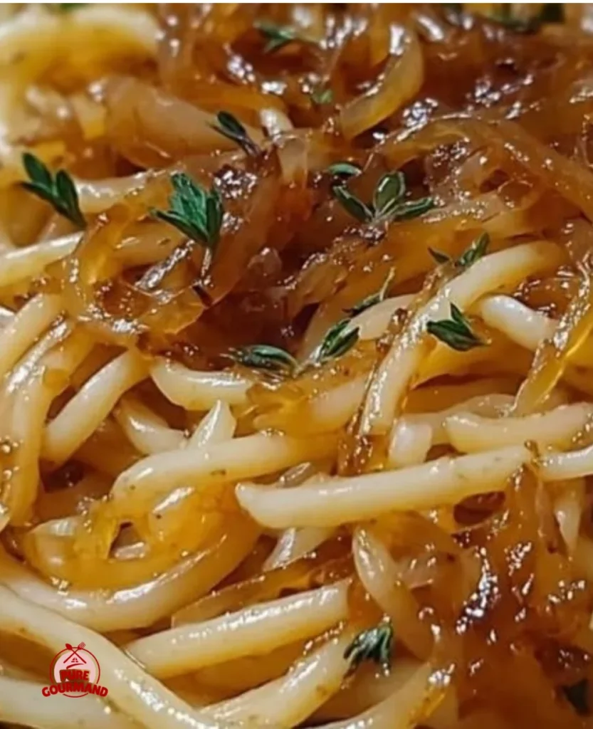 Creamy caramelized onion pasta with herbs and parmesan cheese
