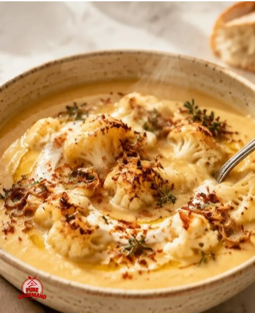 A bowl of creamy cauliflower soup garnished with herbs