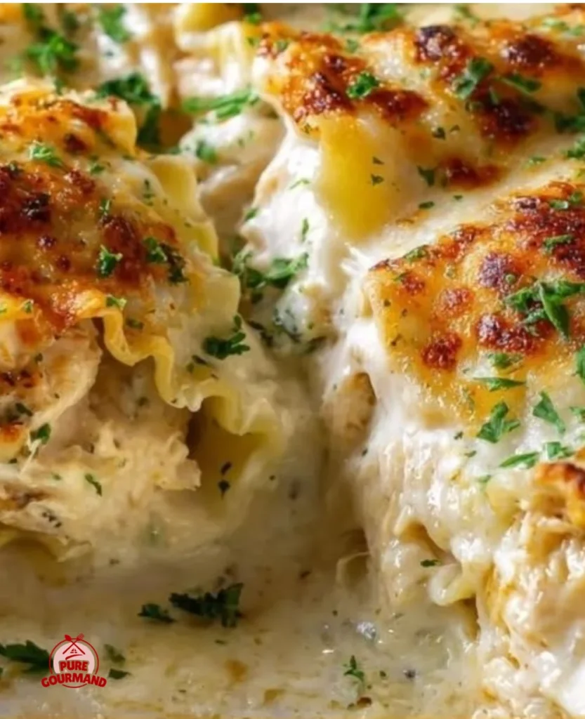 Delicious creamy chicken alfredo lasagna rolls on a plate