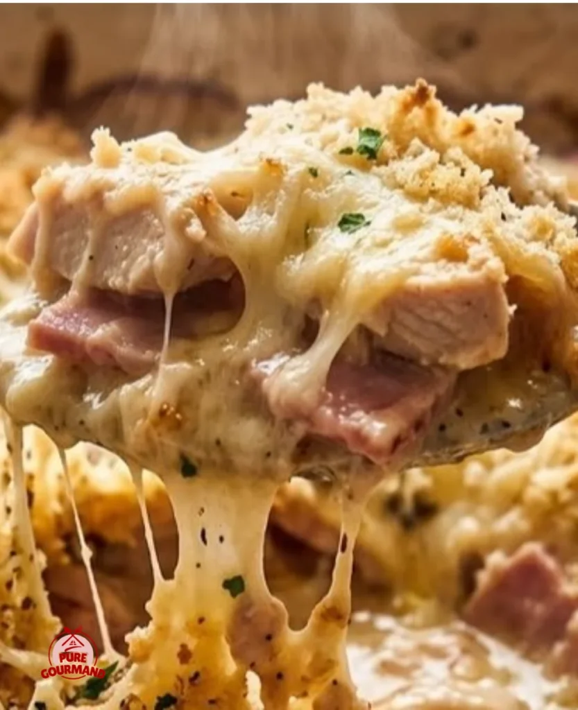 Creamy Chicken Cordon Bleu Casserole in a baking dish, garnished and ready to serve.