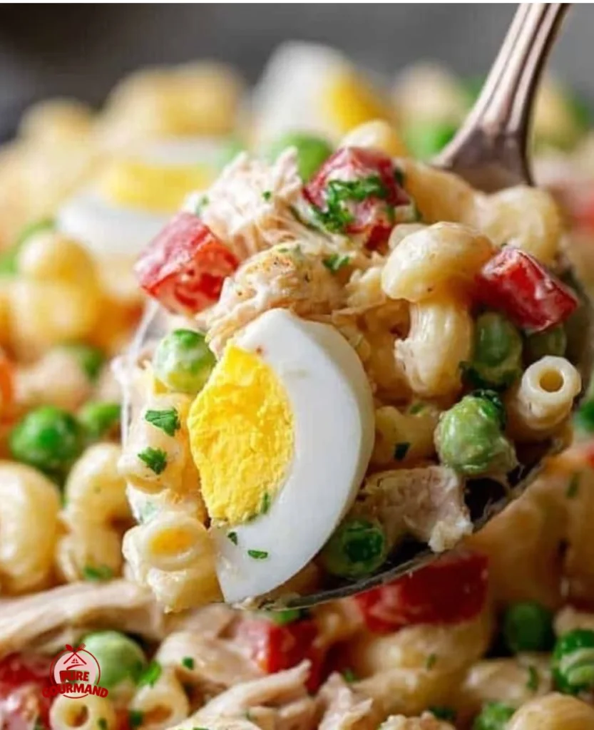 Bowl of creamy Chicken Macaroni Salad with vegetables and herbs