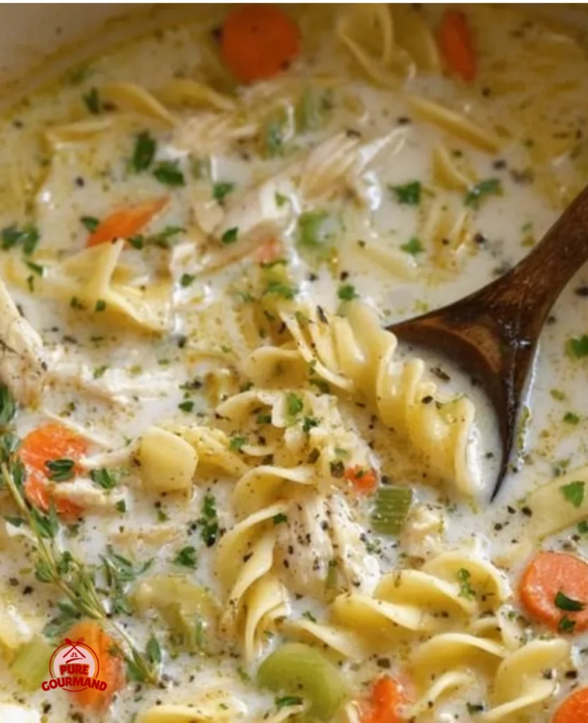 Creamy chicken pasta soup in a bowl topped with herbs