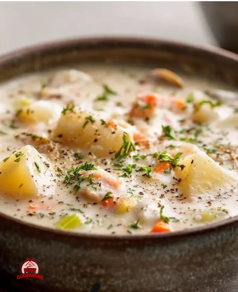 Delicious creamy chowder served in a bowl with fresh herbs on top