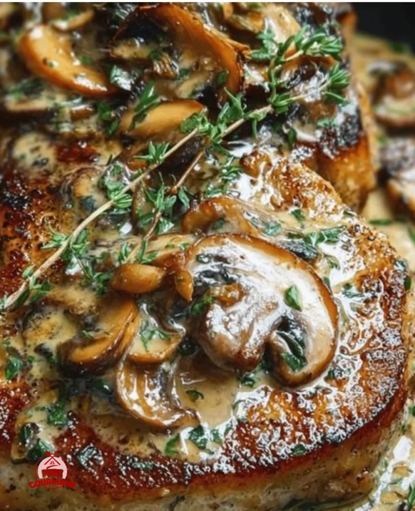 Creamy garlic mushroom pork chops served on a plate with fresh herbs