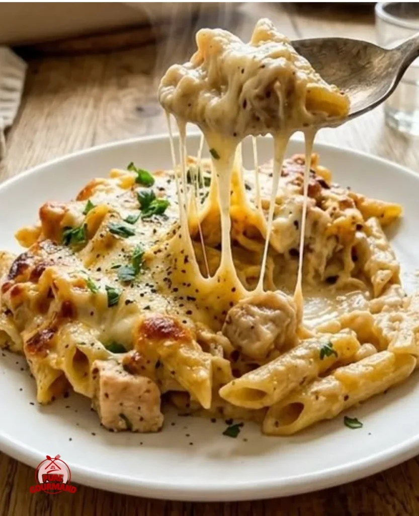 Creamy Garlic Parmesan Chicken Pasta Bake topped with herbs and cheese