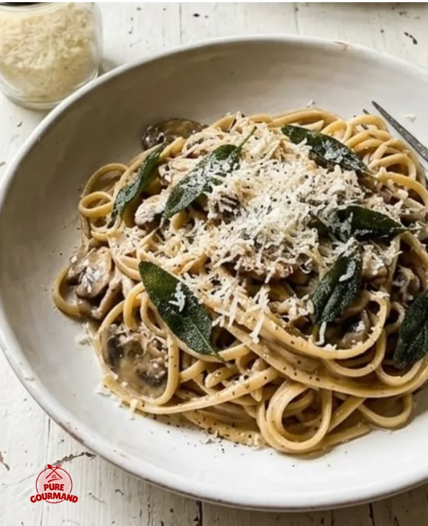 Creamy mushroom rigatoni with sage in a bowl topped with herbs