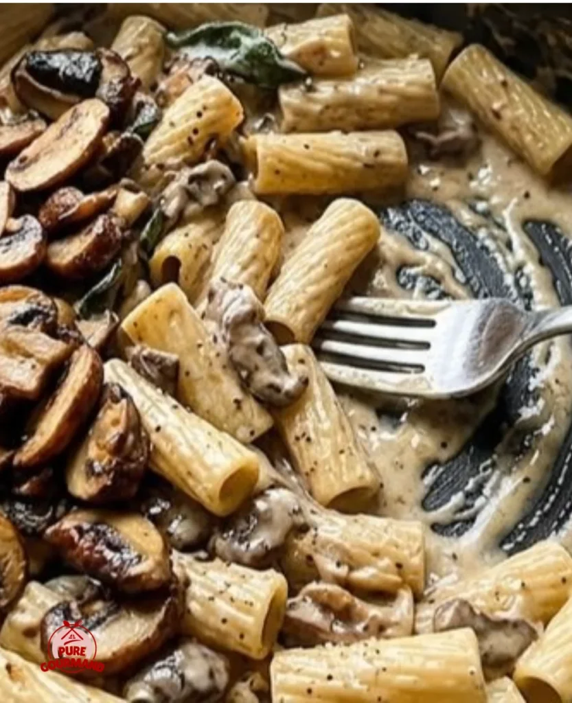Delicious creamy mushroom rigatoni topped with fresh herbs and cheese