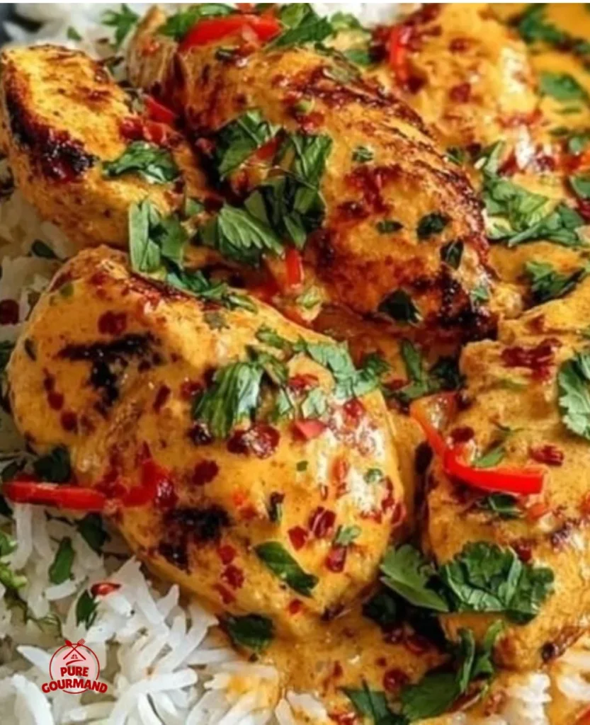 Creamy peri-peri chicken served with rice on a plate, garnished with herbs
