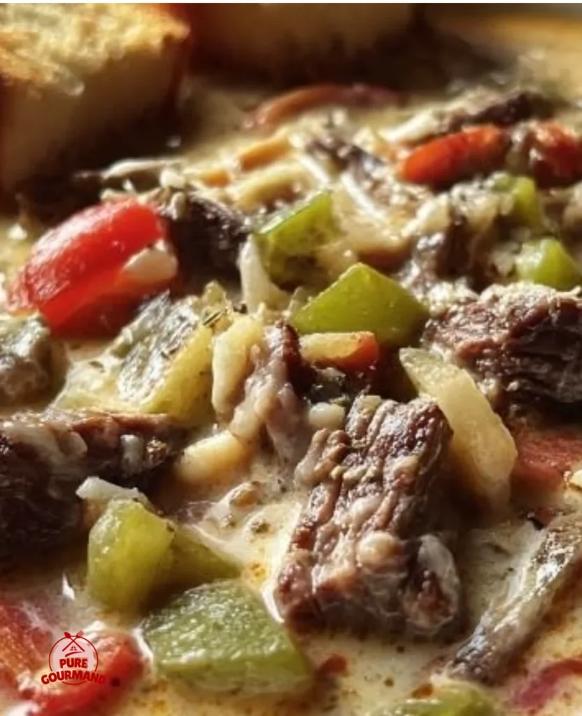 Bowl of creamy Philly Cheesesteak Soup garnished with herbs