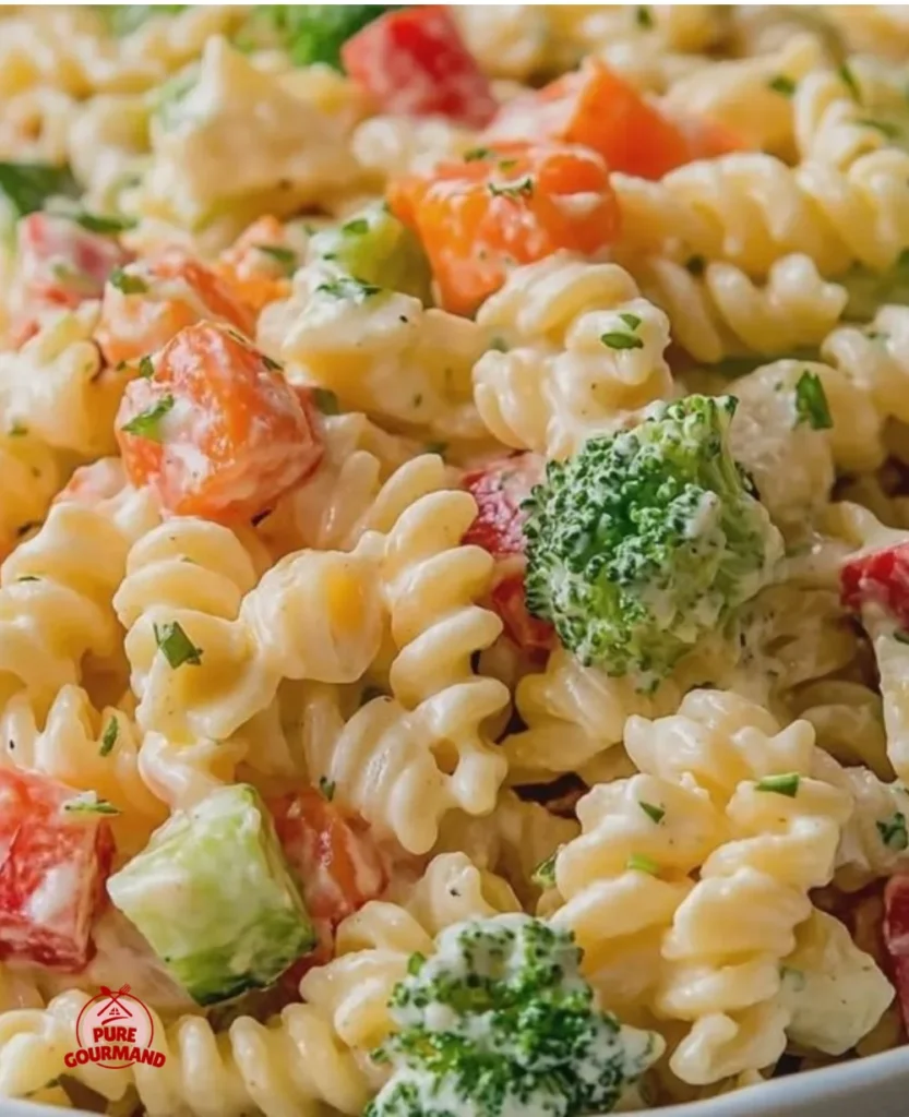 Creamy ranch vegetable pasta salad in a vibrant bowl, perfect for gatherings