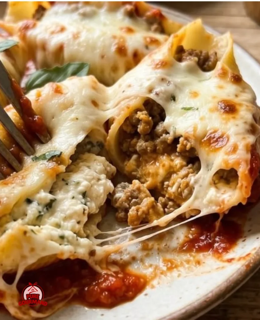 Creamy ricotta and beef stuffed pasta shells served in a baking dish