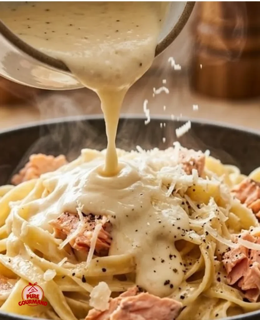 Creamy salmon alfredo pasta with fresh herbs and cheese
