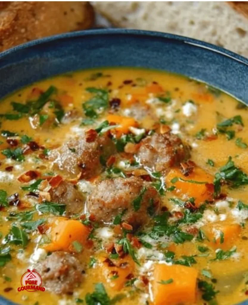 A bowl of creamy sweet potato soup with sausage, garnished with herbs, perfect for cozy evenings.