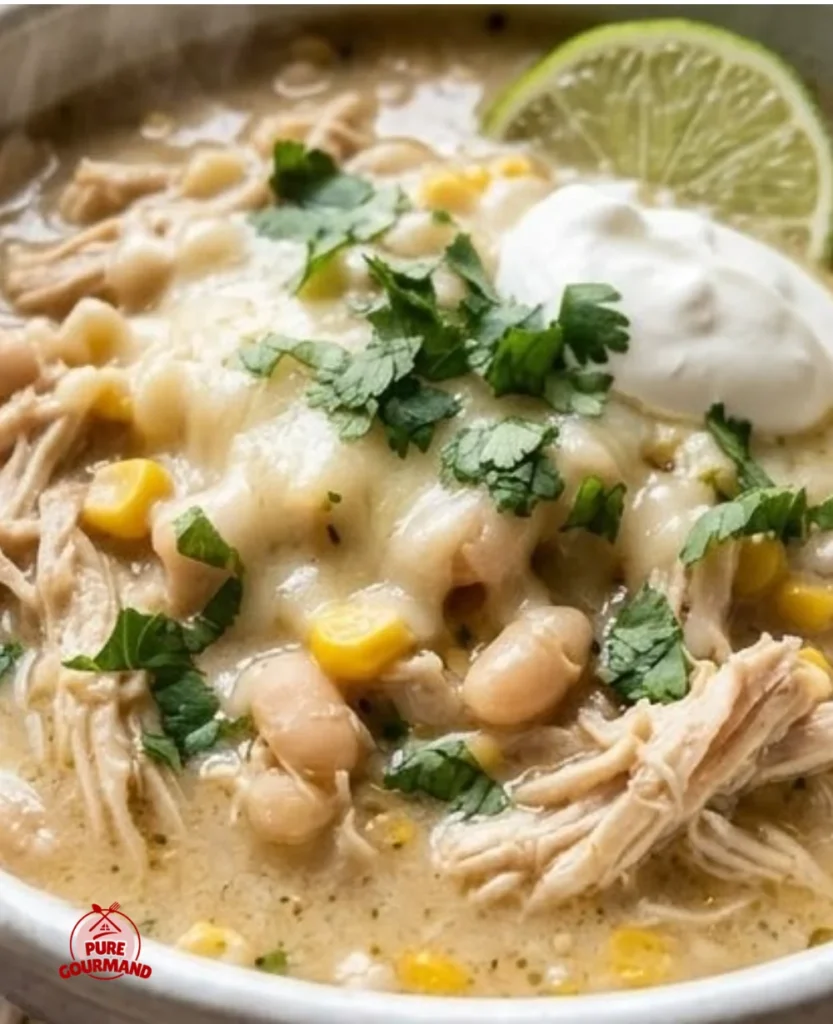 Creamy white chicken chili served in a bowl with toppings