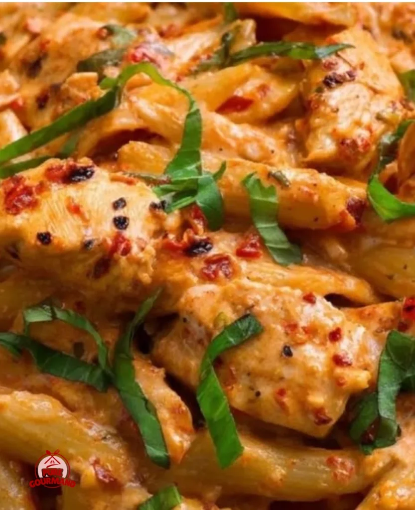 Creamy zesty chicken pasta dish with vibrant herbs and seasonings.