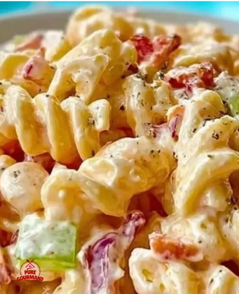 Creamy zesty pasta salad with colorful vegetables in a bowl.