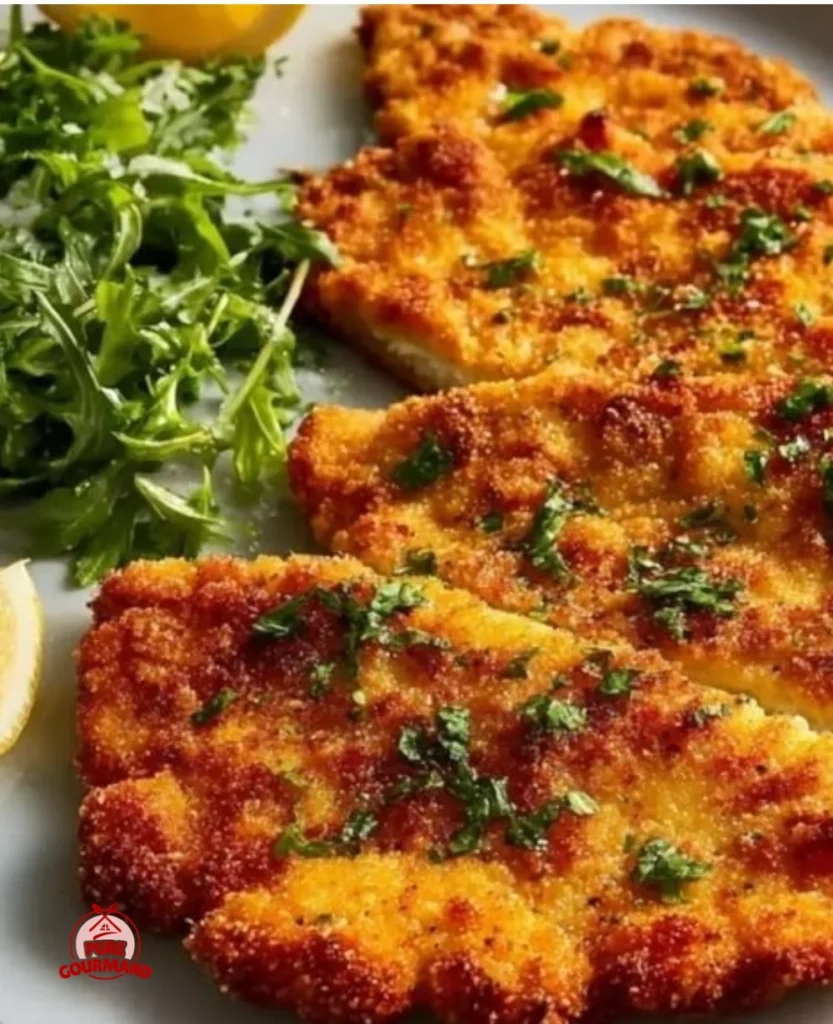 Crisp Chicken Milanese served with lemon and herbs on a plate