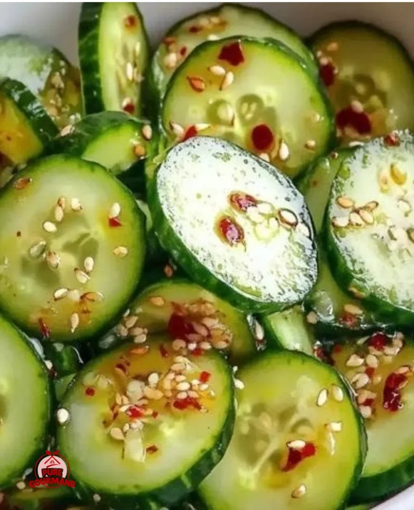 Crisp Japanese Cucumber Salad garnished with sesame seeds and herbs