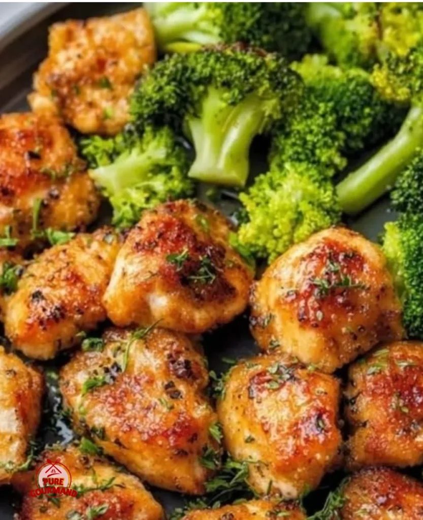 Crispy air fryer chicken bites served with broccoli on a plate