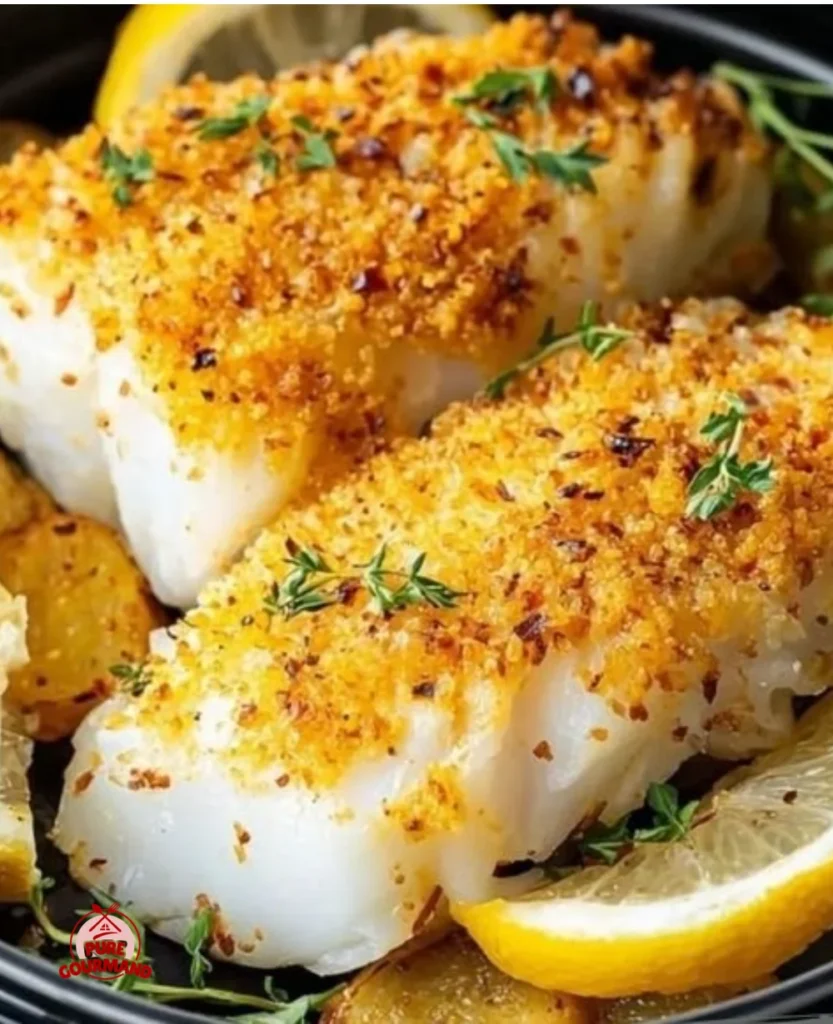 Crispy air fryer cod served with lemon and herbs on a plate.