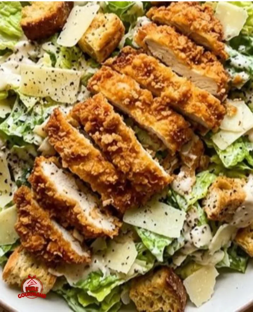 Crispy Chicken Caesar Salad topped with grilled chicken, croutons, and Caesar dressing.